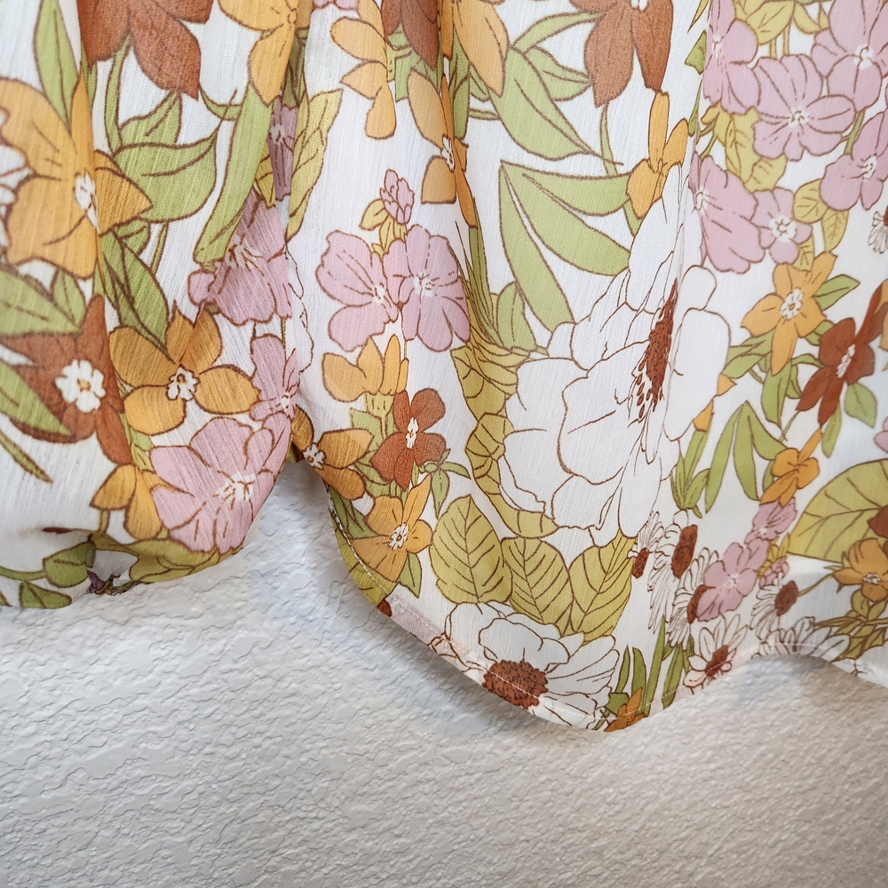 BTFBM Retro Floral Blouse V-Neck Long Sleeve Lined Women's Medium Orange Pinks - Picture 11 of 16